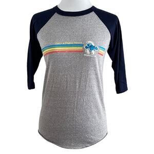 VTG Velva Sheen Youth Smurf "Have A Happy Smurf" Rainbow Ringer Tee I L